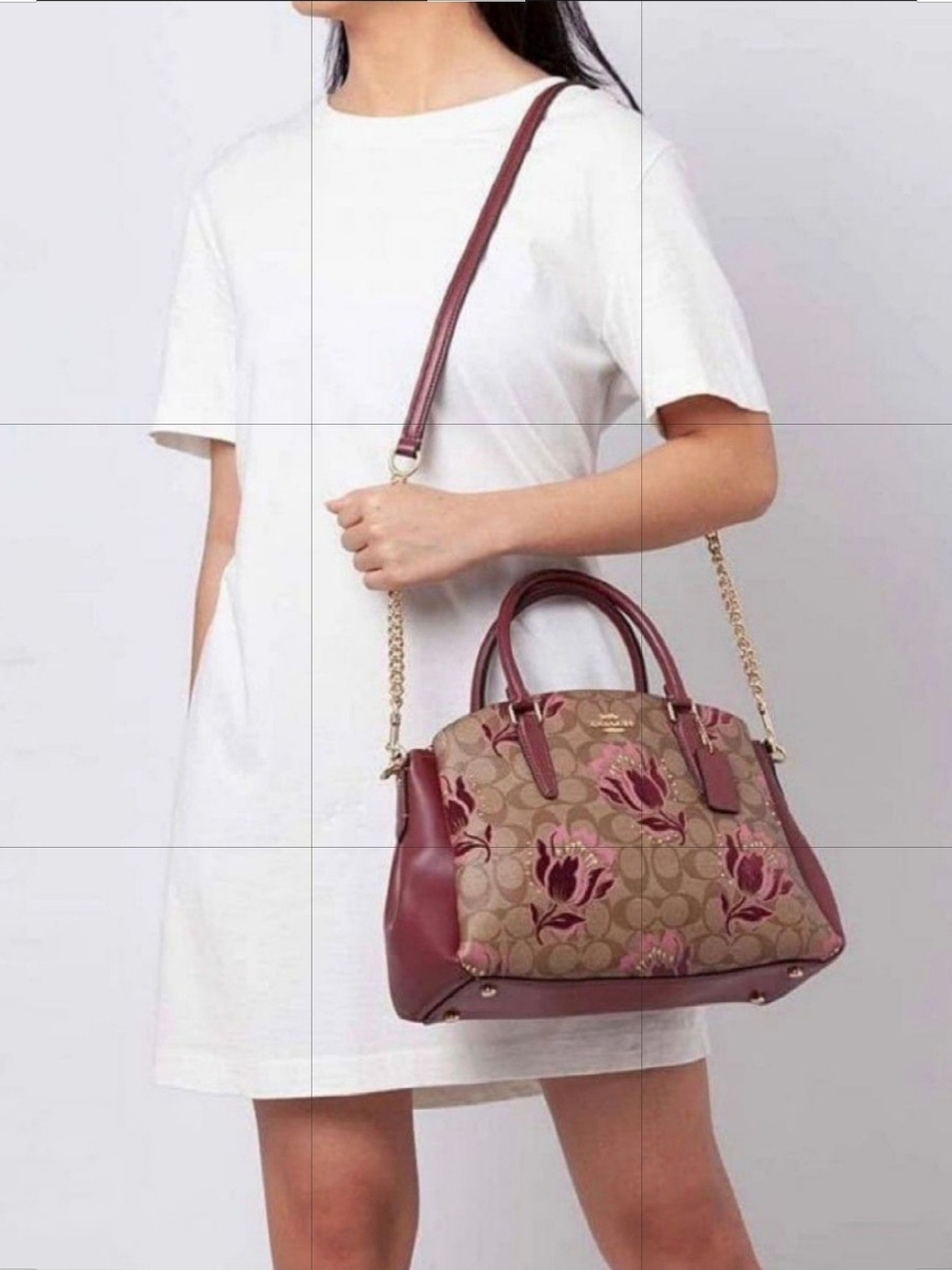 Coach Sage Carryall Floral Signature Satchel in Wine/tan